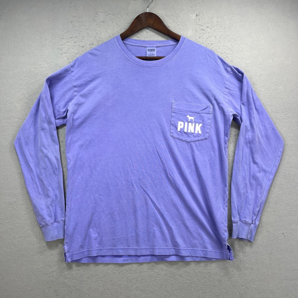 PINK Victorias Secret Shirt Womens Medium Purple Long Sleeve Pocket Tee Graphic